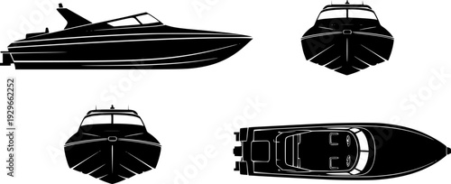 jet boat silhouette icons set side, front, back, and top views vector art illustration
