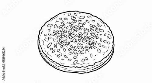A simple line drawing depicts a round, layered pastry topped with numerous small seeds