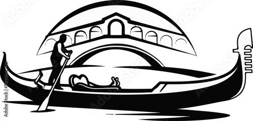 A gondolier steers a gondola past a bridge with archways, conveying passengers