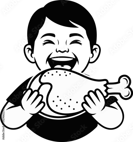 Excited child joyfully devours a large, roasted poultry drumstick