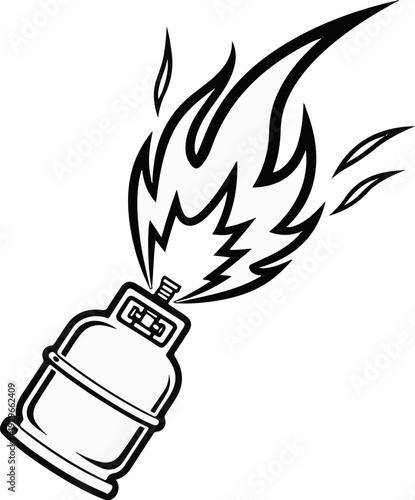 Black and white illustration of a gas cylinder with flames erupting from its valve