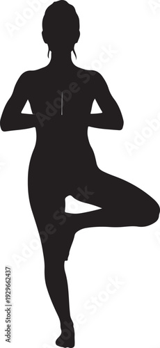 Black silhouette of a woman performing the Tree Pose (Vrksasana) yoga posture, with hands in prayer position behind her back, on a white background.
