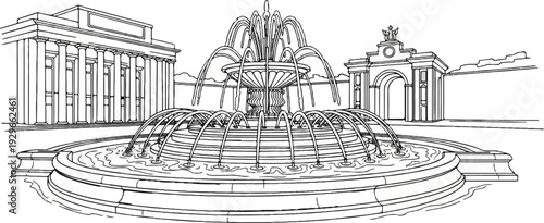 Ornate fountain with tiered basins and archway, amidst classical architecture