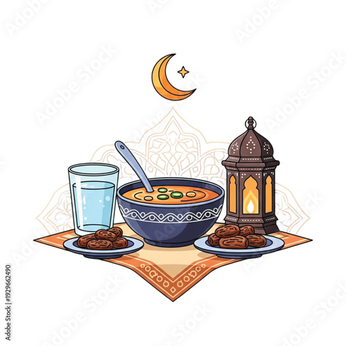 Ramadan still life with dates water and traditional lantern illustration