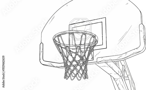 Detailed sketch of a basketball hoop, net, and backboard with a faint emblem behind