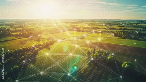 Futuristic agriculture network overlaying vibrant green fields under bright sunlight, showcasing innovation and sustainable food distribution.