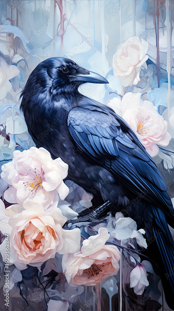 Naklejka premium Black raven sits among blooming pale pink roses in garden.