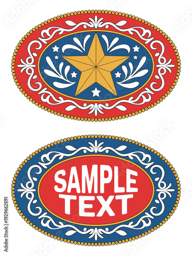 cross crucifix star badge rodeo cowboy label with belt buckle design, wild west style tag, stylized western decorative floral frame, vector illustration artwork.