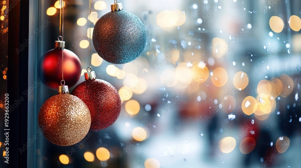Obraz premium Festive Christmas Ornaments and Twinkling Lights Display with Vibrant Colors and Soft Bokeh Background