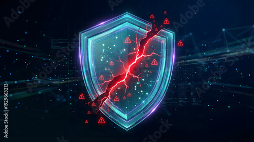 digital cybersecurity concept of a glowing blue shield broken by a red lightning bolt representing a major data breach security failure and cyber attack on a dark background