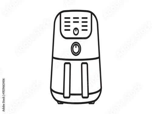 A line drawing of a modern air fryer with a digital display and control panel