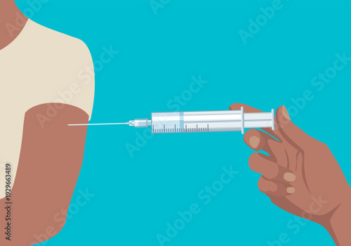 Injection into the arm at the clinic. Medical concept. Vector cartoon flat illustration. Syringe in doctors hand.