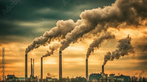 Industrial smokestacks billowing thick plumes of smoke into an overcast, yellow-tinged sky over a city.