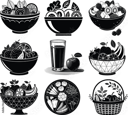 Black and white of fruit bowls vegetable platter and juice salad bowl fruit salad juice glass