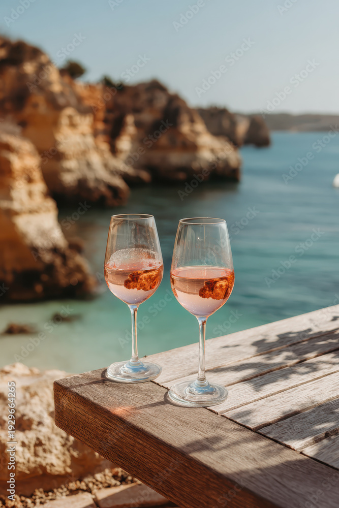 Obraz premium Two chilled glasses of rosé wine on a rustic wooden table overlooking a rocky Mediterranean bay with turquoise water in warm golden summer sunlight