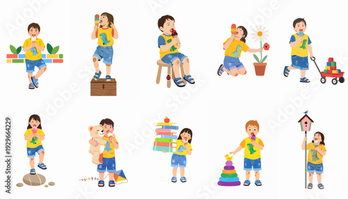 Collection of joyful children illustrations enjoying ice cream while engaging in diverse playtime activities, showcasing happy childhood moments and summer fun.