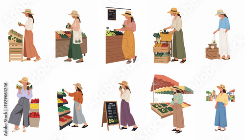 Women selecting fresh avocados and organic produce at a vibrant outdoor farmers market, promoting healthy eating and sustainable local shopping.