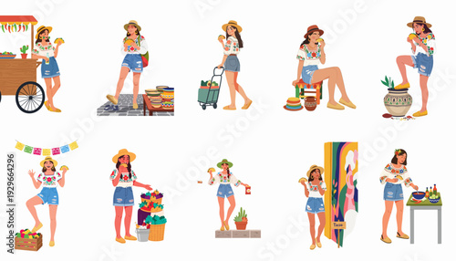 Mexican women enjoying delicious tacos and vibrant street market culture, with fresh produce and traditional attire in various festive settings.