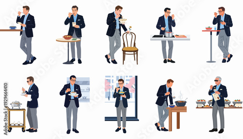 Collection of diverse men enjoying and preparing various meals, from casual dining to buffet experiences, illustrating modern food culture and lifestyle.
