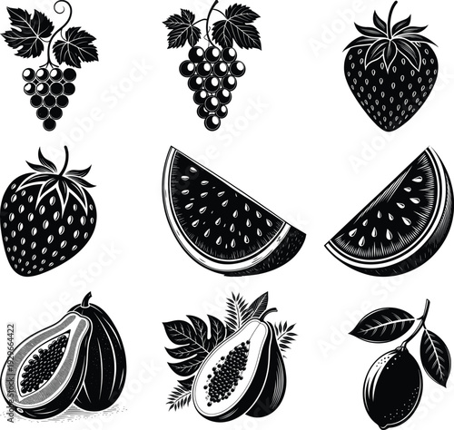 Black and white of grapes strawberries watermelon papaya and lemon strawberry