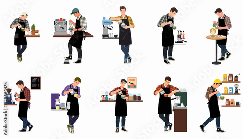 Collection of Baristas Preparing and Serving Coffee with Latte Art, Showcasing Various Coffee-Making Processes