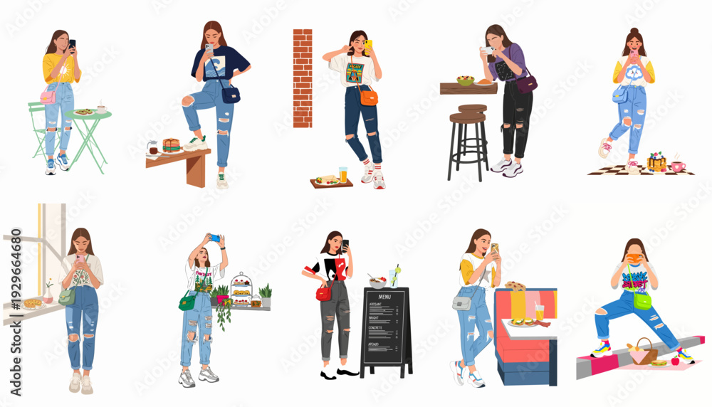 Fototapeta premium Young women enjoying modern cafe lifestyle and social media, taking photos of food and themselves in various trendy settings.