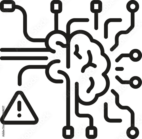 Illustration of a brain connected to a network of digital circuits with a warning sign Vector