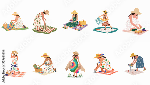 Summer Picnic Fun: Diverse women in hats and dresses preparing food, spreading blankets, and relaxing outdoors.