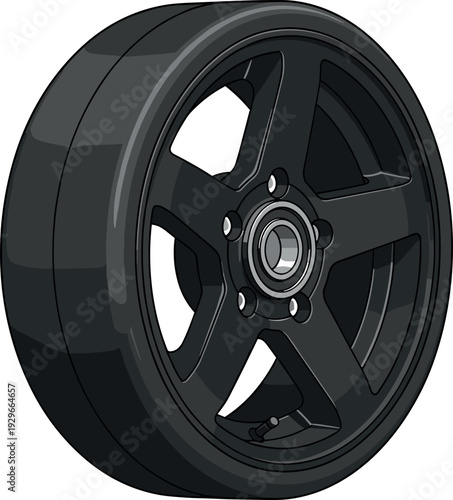Black Sport Car Wheel Rim with Performance Low Profile Tire Isolated Automotive Vector Illustration Design