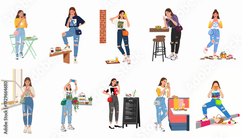 Young women enjoying modern cafe lifestyle and social media, taking photos of food and themselves in various trendy settings.