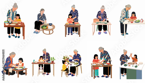 Multigenerational Asian Family Cooking Together: Grandmother and Granddaughter Prepare Traditional Dishes