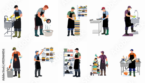 Illustrations of professional dishwashers and kitchen staff engaged in various cleaning, scrubbing, and organizing tasks with kitchenware in a commercial setting.