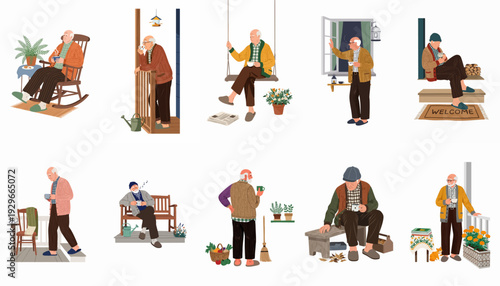 Collection of illustrations showing happy elderly men enjoying simple pleasures and peaceful moments in retirement, engaged in various daily routines at home and outdoors.