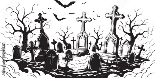 Gothic Cemetery Scene Vector Illustration – Black and White Graveyard with Cross Tombstones and Bats