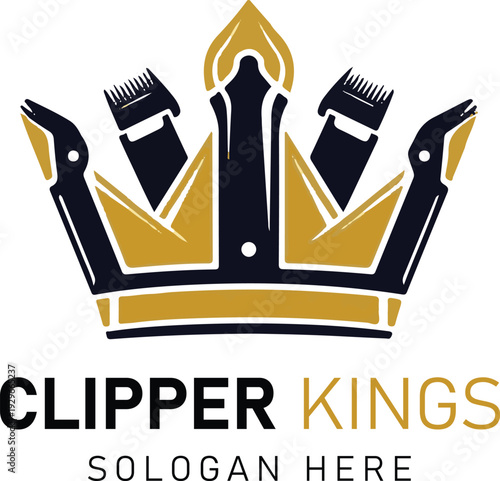 Clipper kings barber shop logo featuring a golden and black crown with hair clipper blade elements
