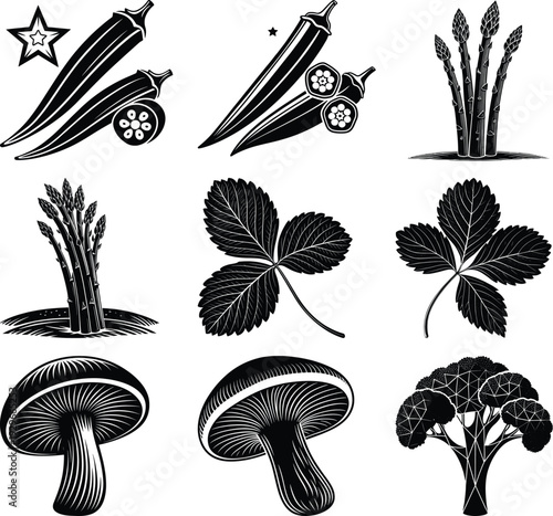 Black and white of okra asparagus strawberry leaves mushrooms and abstract tree