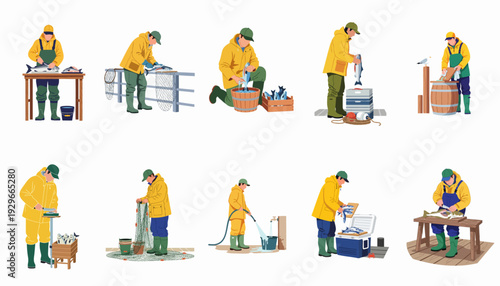 Fishermen at Work: A collection of scenes depicting the daily tasks of fish preparation, handling, and maintenance in the fishing industry.