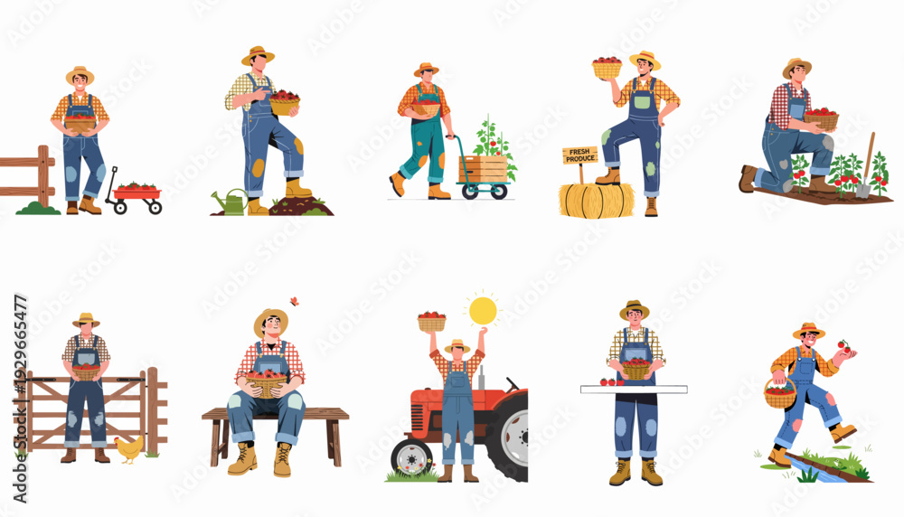 Fototapeta premium A collection of farmer illustrations showcasing various stages of tomato cultivation, harvest, and market preparation, emphasizing fresh produce and farm life.