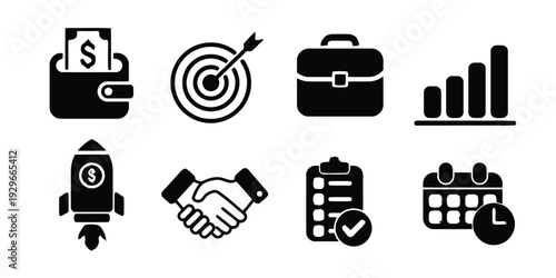 Business success and financial growth solid black icons for professional marketing and project management
