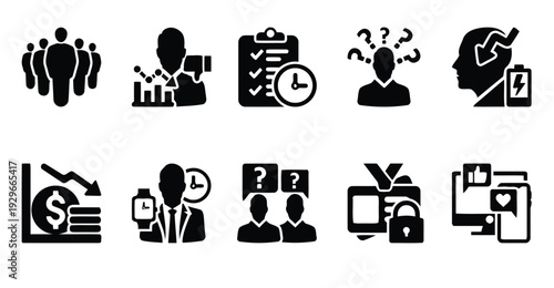 Business team and finance icons, professional development, financial analysis, time management, planning, and collaboration.