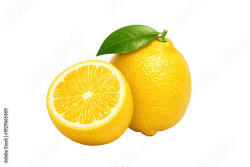 Whole yellow lemon fruit and half slice with leaf isolated on transparent background graphic
