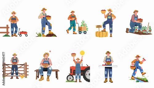 A collection of farmer illustrations showcasing various stages of tomato cultivation, harvest, and market preparation, emphasizing fresh produce and farm life.