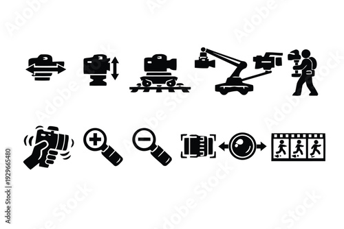 Camera equipment and video production icons for filmmaking and photography industry
