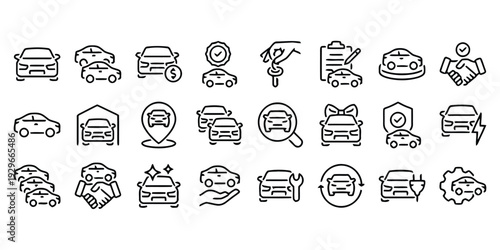 Car dealership and automotive service line icons