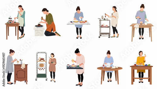 Collection of women baking and preparing delicious desserts: decorating cakes, serving sweet treats, and enjoying culinary creativity at home.