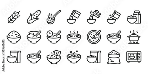 Cereal and grain icons in line art style for breakfast and cooking