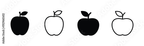 Collection of apple icons in solid and outline styles, representing fruit and healthy food