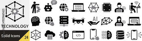 Collection of black and gray technology icons for professional business and software design