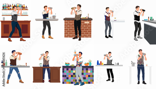 Diverse cartoon illustrations of professional male bartenders shaking drinks and preparing cocktails behind different bar setups.