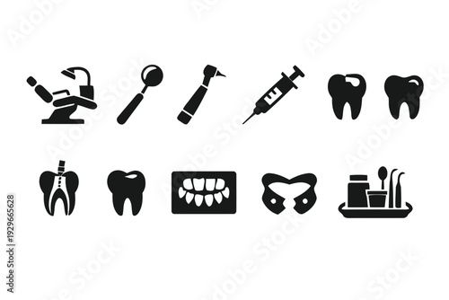 Collection of black and white icons representing dental care and equipment
